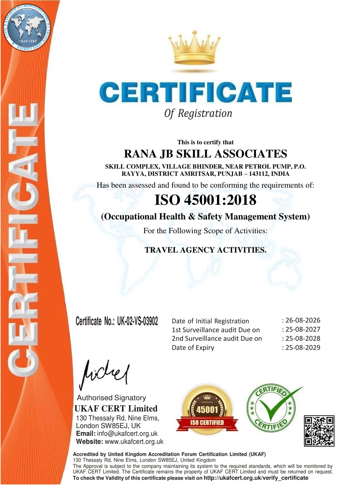 ISO 45001:2018 occupational health and safety certificate